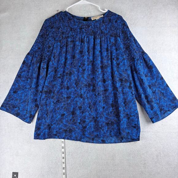 Michael Kors Smocked Blouse Women's Medium Blue Abstract Dot Motif Wide Sleeve - Picture 1 of 11